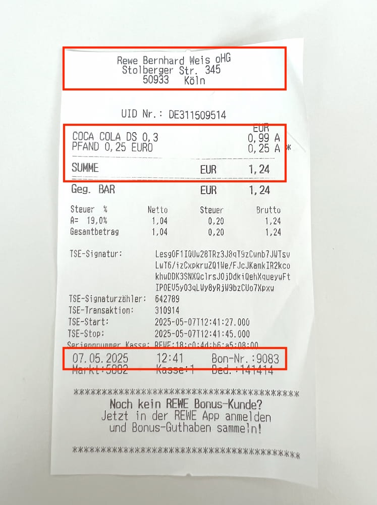 Beispiel eines gut fotografierten Bons